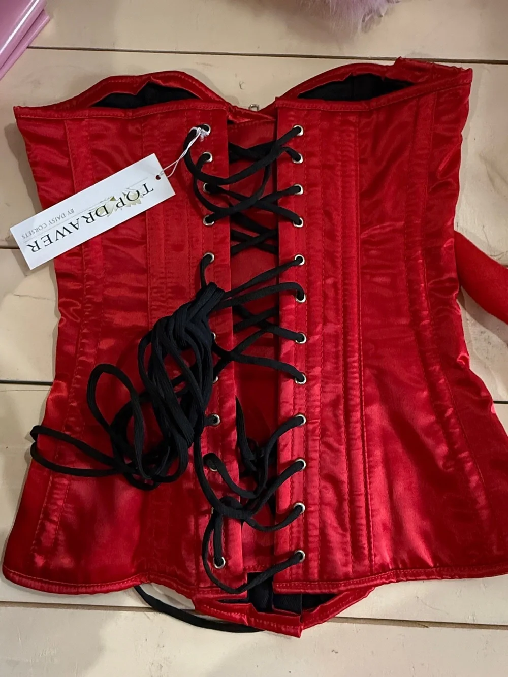 sexy corset costume Daisy Red Fishnet Thigh-High Stockings with Lace Top size S